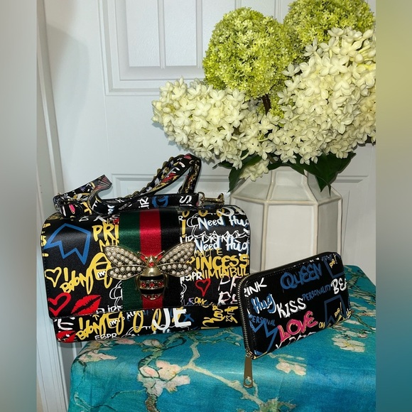 Bee Box Satchel Handbag Purse W/Matching Wallet Black Graffiti - Picture 3 of 16